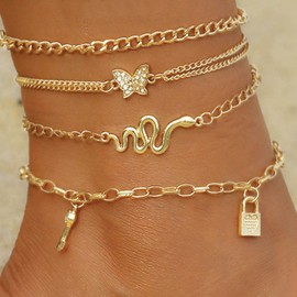 Prosy Layered Beach Butterfly Snake Anklet Gold Ankle Bracelets Chain Key and Lock Foot Jewelry Adjustable for Women Girls (4PCS)