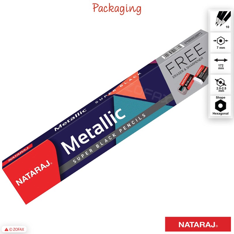 NATARAJ Metallic Super Black Pencils - 10 Pencils + Free