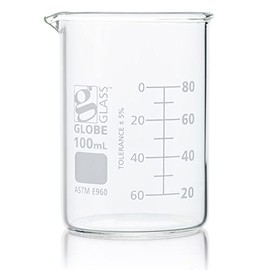 Globe Scientific Beaker, Globe Glass, 100mL, Low Form Griffin Style, Dual Graduations, 3.3 Borosilicate Glass, ASTM E960, 12/Box (8010100)