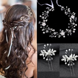 Extra Long Pearl Crystal Bridal Flower Head Beads, Bridal Hair Vine Wedding Head Piece Headband Hair Accessories For Bride and Bridesmaid