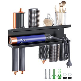 WAYASI Hair Dryer Holder Wall Mounted Curling Iron Accessories Storage, Straightener Holder, Flat Iron Holder, Blow Dryer Holder Organizer, Adhesive Drilling Hair Tool Organizer for Bathroom (Black)