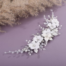 Teyglen Floral White Flower Wedding Hair Vine Bridal Crystal Hair Piece Sparkly Rhinestone Headband Silver Leaf Wedding Hair Accessory for Women Flower Headpiece
