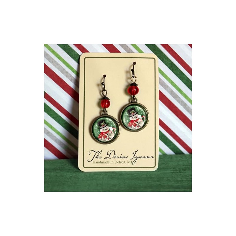 Retro Snowman On Green Background Traditional Holiday Earrings