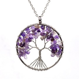 Caiyao 7 Chakra Tree of Life Wire Wrapped Link Chain Pendant Necklace Natural Stone Crystal Carnelian Amethyst Gemstone Bead Necklace for Women Men Yoga Meditation Jewelry-E amethyst