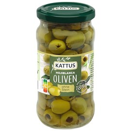 Kattus - Green Hojiblanca Olives without Stone - Ready-to-Eat, Pitted Spanish Olives, Inlaid in Spicy Brine, for Salads, Pasta, etc. - 340 g in a Glass