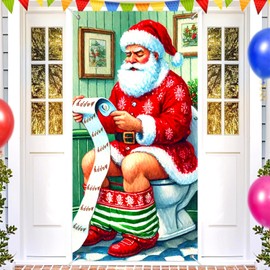 BlissYard Christmas Door Cover Santa Claus Decor with Toilet Reading List Festive Socks Funny Xmas Character 35x70 Inches Christmas Decorations for Indoor Outdoor Party Winter Holiday