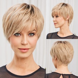 HAIRCUBE Short Glazed Sand Blonde 100% Human Hair Wigs for Women,Pixie Cut Straight Wig With Bang Glueless Wigs Natural Daily Use