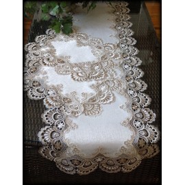 Galleria di Giovanni Table Runner Dresser Scarf Taupe Lace Antique White 70 Inch Plus 2 Doilies 3 Piece Set Earth