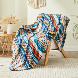 Qucover Ultra Soft Fleece Throw, Blue Stripe Comfy Sofa Throw in Flannel Also Great for Bed, Couch and Chair, Decorative Bohemian Aztec Throws Warm and Lightweight for All Seasons, Single 130x150cm