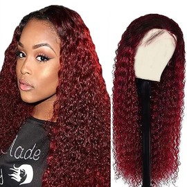 Weeybay Curly Wave Human Hair Wig Glueless 4x4 Lace Closure Wig Burgundy 150% Density 100% Brazilian Real Hair Wigs with Baby Hair Ombre Wig for Woman 16 Inches #1B99J