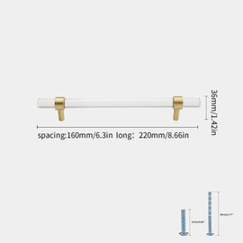 Evionlin 4 pcs 6-1/4 in Acrylic Cabinet Handle, Brass Base, Crystal Pull, Gold Kitchen Vanity Drawer, Transparent Single Grain Modern Drawer Handles
