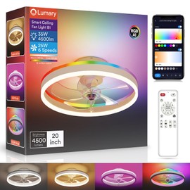 Lumary Smart Ceiling Fans with Lights, RGBAI Flush Mount Ceiling Fans with Lights and Remote, Dual Lighting Modes Modern LED Low Profile Ceiling Fan for Bedroom Works with Alexa Google, 20 Inch White