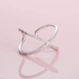 namana Cross Rings for Women Silver Gold or Rose Gold Adjustable Ring for Women Cubic Zirconia Large Ladies Ring with Delicate Stones on a Crossover Design, Silver