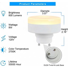 CRIOO GU24 LED Puck Light Bulb, 9W(60w CFL Equivalent), 2700K, 800LM, UL Listed, 2 Prong Light Bulbs for Home Kitchen Closet, Mini Twist Lock Spiral Low Profile Squat Bulb (Pull Chain)