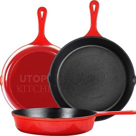Kitchen Saute fry pan - Pre-Seasoned Cast Iron Skillet Set 3-Piece - Frying Pan 6 Inch, 8 Inch and 10 Inch Cast Iron Set Cookware - Color: Red
