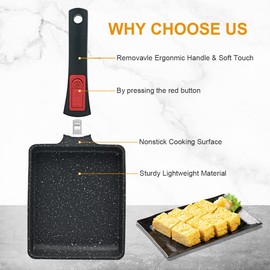 Bobikuke Tamagoyaki Non-Stick Omlette Pan, Rectangular Japanese Pan with Removable Handle, Suitable for All Hobs, Oven and Dishwasher Safe, 19 x 16 cm