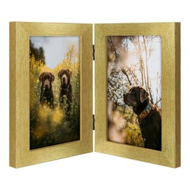 Frametory, 5x7 Double Picture Frame Hinged 2 Photos Frame Collage, Desk Picture Frame with Glass, Side by Side Frame Vertical (Gold, 1 Pack)