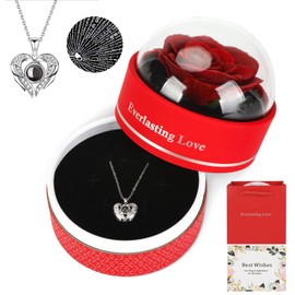 Red Eternal Rose Jewellery Gift Box with Preserved Flowers I Love You Necklace in 100 Languages Delivered Gifts for Women, Girlfriends, Ideal for Christmas and Valentine's Day Gifts