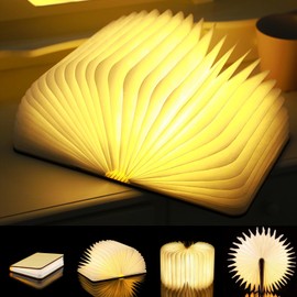 LOVUMMOR Book Lamp Folding Mood Light, Novelty LED Night Light Book-Shaped Light, USB Rechargeable Wooden Bedside Table Lamp Decor Light, Birthday Gift