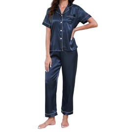 GAESHOW Pijama Seda Mujer, Conjunto de Satén de Pijama Botones Mujer, Mangas Cortas y Pantalones Pijamas de Dos Piezas