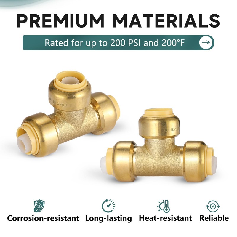 5-Pack Niikappu Pushfit Tee, 1/2"x1/2"x1/2" PEX Brass Push-fit Tee, Push