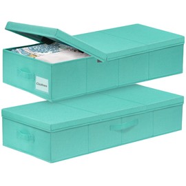punemi Under Bed Storage With Lids, 2 Pack Large Underbed Storage Containers Clothes W/ 3 Handles, Foldable Low Profile Stackable Drawer Organizer Bins Box for Blanket Shoe,Tiffany Blue