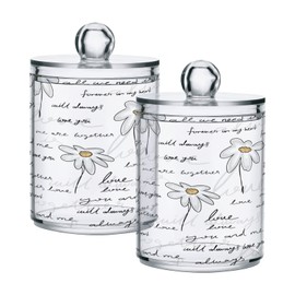 xigua 2 Pack Love Daisy Flower Apothecary Jars with Lid, Qtip Holder Storage Containers for Cotton Ball, Swabs, Pads, Clear Plastic Canisters for Bathroom Vanity Organization (10 Oz)