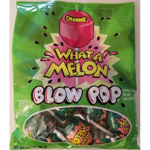 Charms What A Melon Blow Pops, (1) bag, (bubble gum filled lollipops)