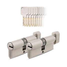 GERCAR Pro 2x Knob Cylinder 30/30 Keyed Alike Set 2 Locking Cylinders with Knob Including 10 Keys - 60 mm Door Lock Cylinder Lock 2 Cylinder - Length: 60 mm, A:30 B:30 - Matt Brass Solid