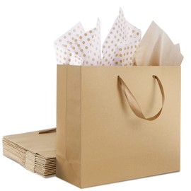 12 Pack Gift Bags Medium with Tissue bags, Kraft Paper Bag with Ribbon Handles, Brown Paper Gift Wrap Bags for Shopping, Small Business, Wedding, Christmas and Holiday (10.6” x3.1” x8.3”)