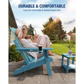 POWERWOOD Folding Adirondack Chair, HDPE Weather Resistant Adirondack Chair Wood Texture, Higher Back Plastic Adirondack Chairs with Cup Holder for Outdoor, Patio, Lawn, Fire Pit Chairs (Light Blue)