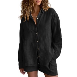 Famulily 100% Cotton Two-Piece Women's Muslin Pyjamas Elegant Leisure Suit Loungewear Leisure Suit Long Sleeve Oversized Blouse and Shorts with Pockets, black