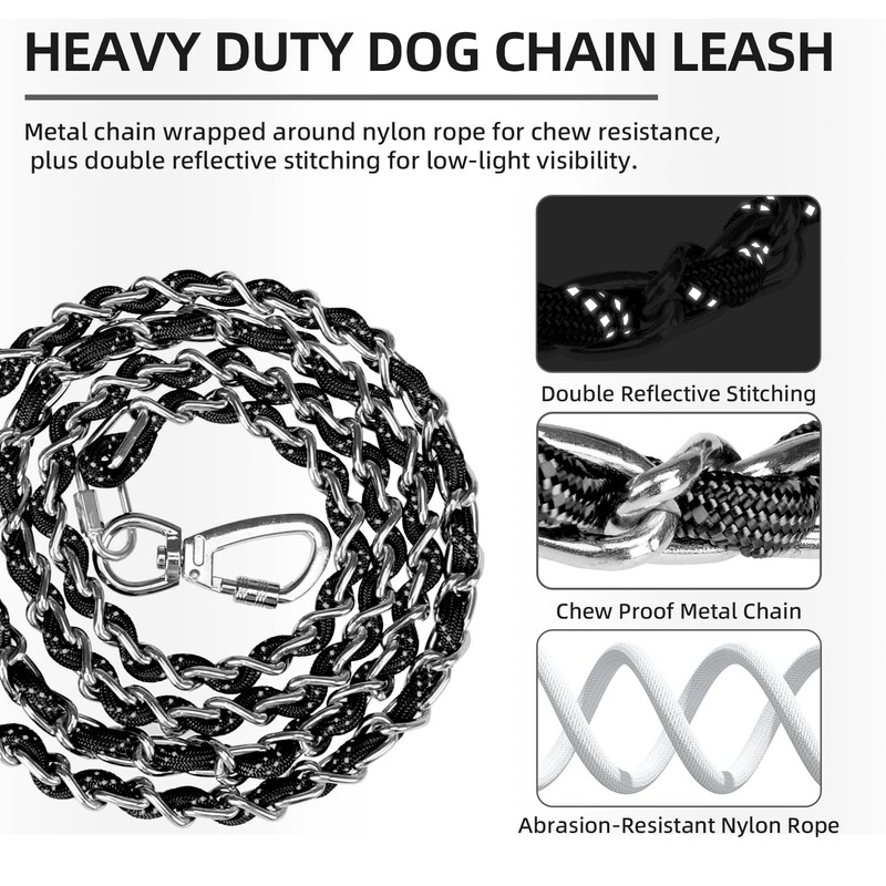 PUPTECK Chain Dog Leash Chew Proof, 2-in-1 Reflective with Soft