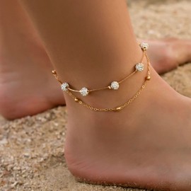Wendalern Gold Layered Drill Ball Crystal Ankle Bracelet Dainty Cute Beach Anklet Set Adjustable Alloy Foot Chain Jewelry for Women Girls