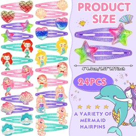 Hanaive 24 Pcs Rainbow Unicorn Clips Metal Clips Butterfly Snap Barrettes Cute Mermaid Hair Pins Sparkly Animal Hair Accessories for Toddlers Little Girls Birthday Party Gifts(Mermaid Pattern)