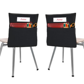 Transni 2 Pcs Black Chair Pockets for Classrooms, 20 X 17 Inch Seat Sacks for Classroom Chairs K-2 with Name Tag for Organizing Classroom Supplies Fits Students School Office College