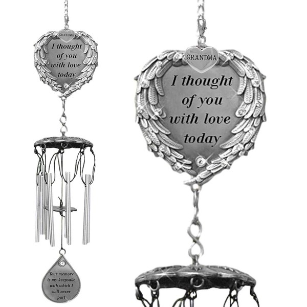 BANBERRY DESIGNS Memorial Windchime for Grandma - I Thought of You with Love Today Poem - Heart Shaped Angel Wings with Silver Grandma Charm - Sympathy Gifts Loss of a Grandmother