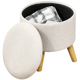 HOMCOM Round Storage Ottoman, Linen Fabric Foot Stool with Removable Top, Padded Seat, Small Foot Rest with Hidden Space and Wooden Legs for Living Room, Cream White