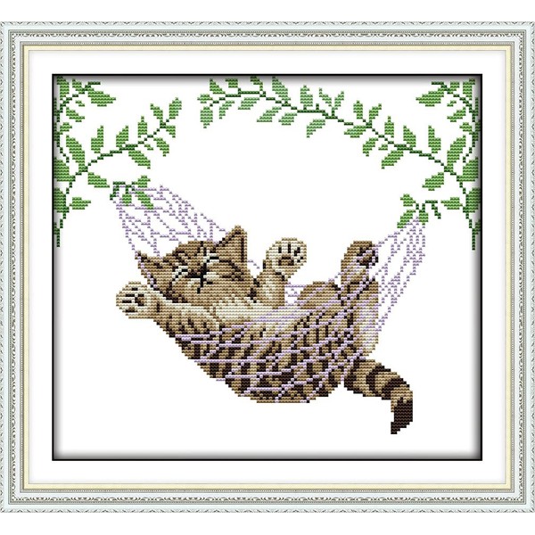 Amiiba Stamped Cross Stitch Kits, Animal Cat on Hanging Basket