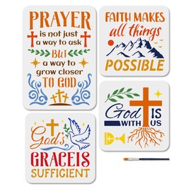 MAYJOYDIY 4 PCS Christian Bible Verse Stencils Religion Faith Reusable Painting Stencils Mountains Crucifixion Drawing Templates with Paint Brush for Wood Furniture Wall Canvas DIY Scrapbook Album
