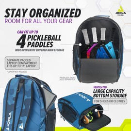 JOOLA Pickleball Bag - Vision II Deluxe Pickleball Backpack - Large Paddle Bag fits 4 Pickleball Paddles & Gear - Fence Hook, Extra Pockets, Ventilated Shoe Storage - Blue