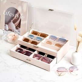 ProCase 12 Slots Acrylic Clear Top Sunglass Organizer, 2 Layers Eyeglasses Case Multi Pairs Storage Eyewear Display Holder with Transparent Lid and Drawer -Champagne