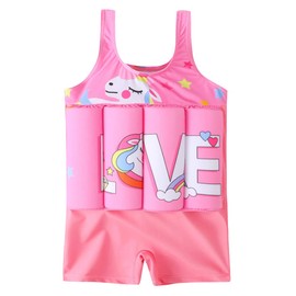 AFAVOM Floatation Swimsuits with Adjustable Buoyancy for Toddler Kids Baby Boys Girls Float Suit Floating Swimwear Bathing Suit Swim Vest with 8 Removable Buoyancy Sticks Pink Unicorn 3-4 Years