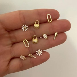 Cute Comb Cartilage Small Stud Earrings for Women Simple Silver Gold Plated Tiny Studs Hypoallergenic Unique Fashion Jewlery (Golden, One size)