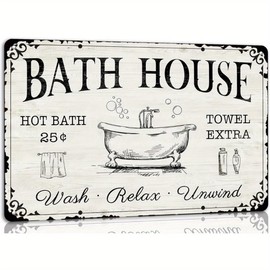 Bath House Vintage Metal Tin Sign - Relaxing Farmhouse Bathroom Wall Decor with Hot Bath Towel Extra Wash Relax Unwind Plaque - 8x12 Inch Retro Home Decor Gift