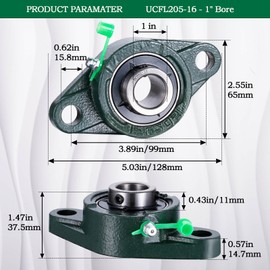 SHINICO Pillow Block Bearing 1 inch Shaft Bore, Flange Mounted UCFL205-16, Solid Cast Iron Base, Swamp Cooler Parts, Self-Aligning, 2Pack