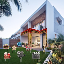 Movie Night Supplies, 8Pcs Large Yard Decorations Outdoor, Movie Theme Party Yard Decor, Lawn signs with stakes, Movie Theater Decor, Hollywood, Red Carpet Birthday Party Decorations, Microphone Star Video Film for Movie Night Party Favors