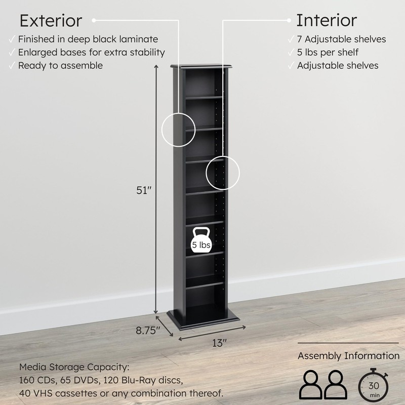 Prepac Narrow Cabinet Media, Slim Multimedia Storage Tower, Black