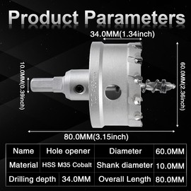 KATUR TCT Hole Saw Carbide Drill Bit 60 mm, Tungsten Carbide Tipped Hole Drill, High Performance Industrial Hole Drill Bit for Stainless Steel, Metal, Iron, Alloy, Copper, Wood, Plastics