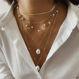 Andelaisi Boho Layered Snake Chain Necklace Gold Pearl Chain Necklace Vintage Flat Herringbone Chain Necklace Multilayer Pearl Pendant Necklace Jewelry for Women